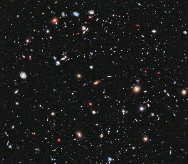 Hubble Deep Field; distant galaxies observed by the Hubble telescope. Each light speck is a galaxy – some of these are as old as 13.2 billion years. The universe is estimated to contain 200 billion galaxies.