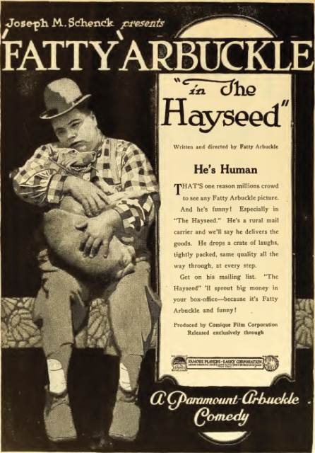 Ad for The Hayseed (1919) with Arbuckle holding his dog Luke.