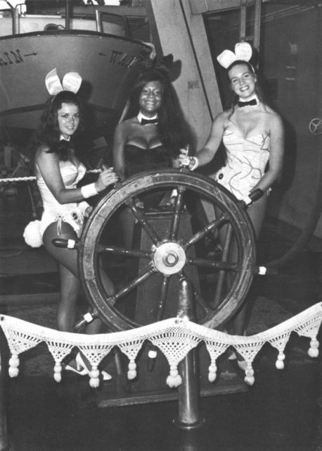 New York Playboy Club Bunnies, Waren Smith, Tiki Owens, and Liz James, aboard USS Wainwright c1971