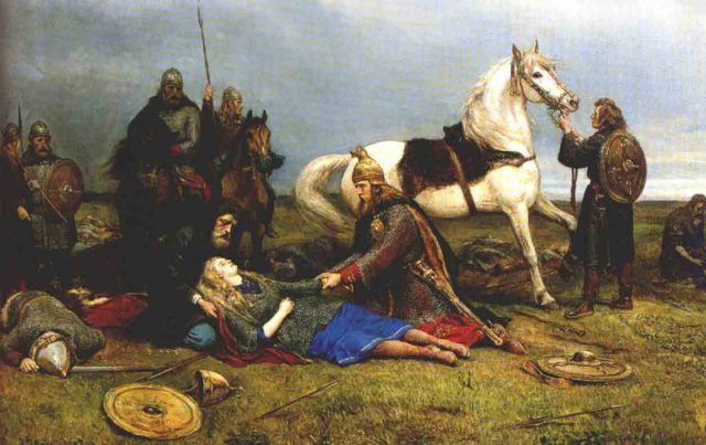Painting depicting a shieldmaiden Hervor dying after the Battle of the Goths and Huns
