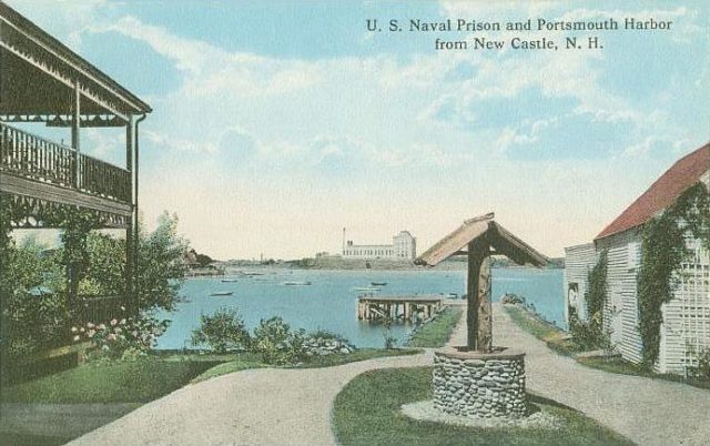 U. S. Naval Prison and Portsmouth Harbor from New Castle, New Hampshire. This was the view from the Hotel Curtis on Cranfield Street