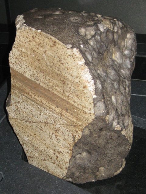 Wold Cottage meteorite. A chondrite which fell near Wold Cottage Farm, near Wold Newton in 1795. On display in the Natural History Museum, London, March 2013. Author: Chemical Engineer CC BY-SA 3.0