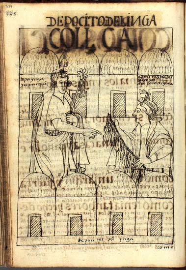 Quipu and Qullqa (Inca stockpiles), depicting Waman Puma de Ayala (about 1615)