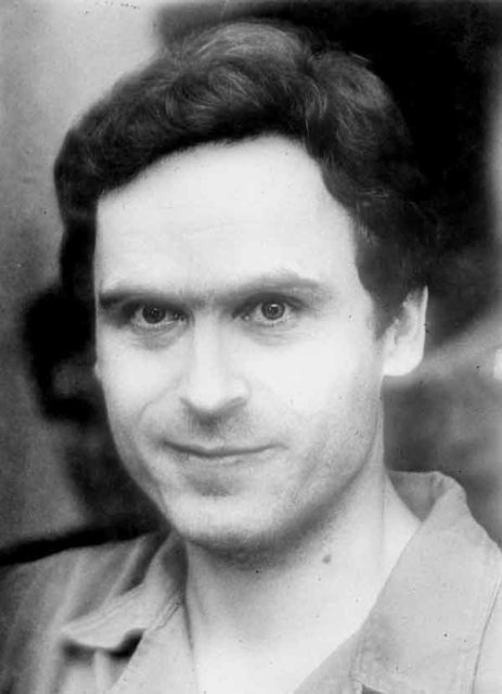A monochrome photograph of Bundy with his piercing eyes