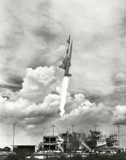 Parsons worked on developing the SM-64 Navaho missile (pictured launching in 1957).