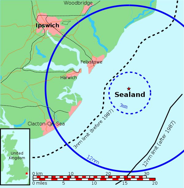 Map of Sealand and the United Kingdom, with territorial water claims of 3 and 12 nmi (6 and 22 km) shown. Author: Chris 73 CC BY-SA 3.0