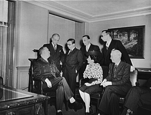 Sartre (third from left) and other French journalists visit General George C. Marshall in the Pentagon, 1945