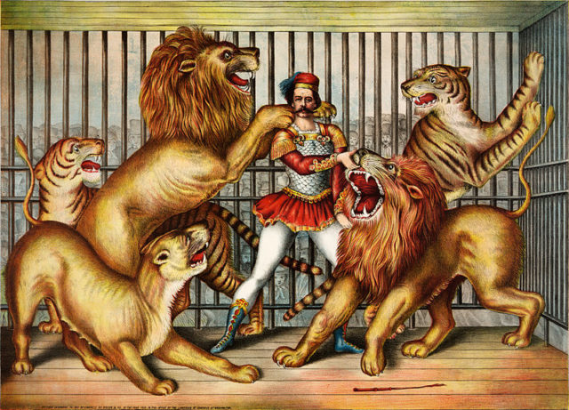 Lion tamer, in lithograph by Gibson & Co., 1873