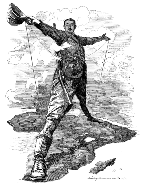 The Rhodes Colossus: Caricature of Cecil John Rhodes, after he announced plans for a telegraph line and railroad from Cape Town to Cairo.