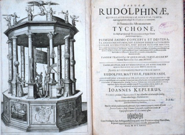 Johannes Kepler published the Rudolphine Tables containing a star catalog and planetary tables using Tycho’s measurements. Hven island appears west uppermost on the base.
