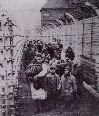 A photograph of the liberation of the Auschwitz camp by Soviet soldiers in January 1945. Eva and her sister Miriam are holding hands