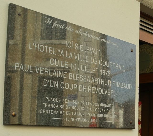 Plaque erected on the centenary of Rimbaud’s death at the place where he was shot by Verlaine in Brussels Author: Tim Lambrechts (Quasium) CC BY-SA 3.0