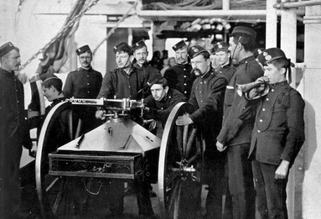 Royal Marines with a Nordenfelt 5-barrel rifle calibre guns, 1890.