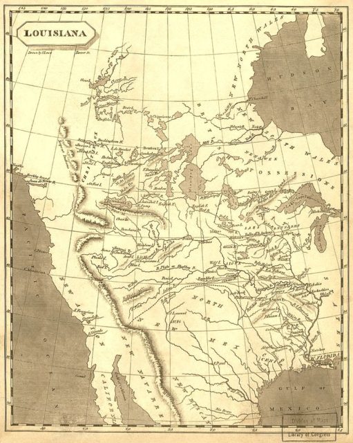 1804 map of “Louisiana,” edged on the west by the Rocky Mountains