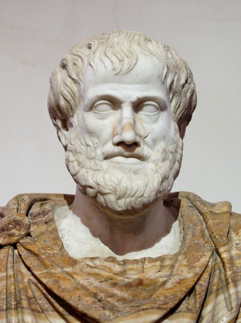 Bust of Aristotle. Marble, Roman copy after a Greek bronze original by Lysippos from 330 BC; the alabaster mantle is a modern addition.