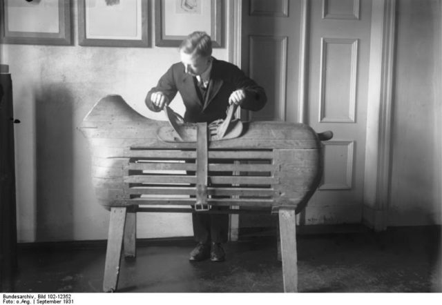 The oldest gymnastic horse with handrails, introduced to the German gymnasium in 1795. Author: Bundesarchiv CC BY-SA 3.0