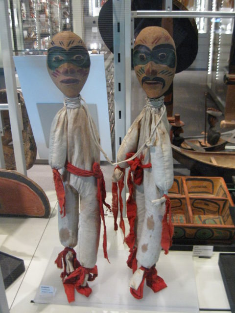 A pair of native Indian Heiltsuk puppets on display in the collection of the UBC Museum of Anthropology in Vancouver, Canada. Author Leoboudv –CC BY-SA 3.0