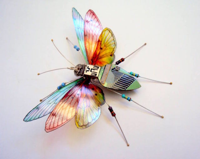 Winged insect sculpture made from recycled electronics. Author: Julie Alice Chappell