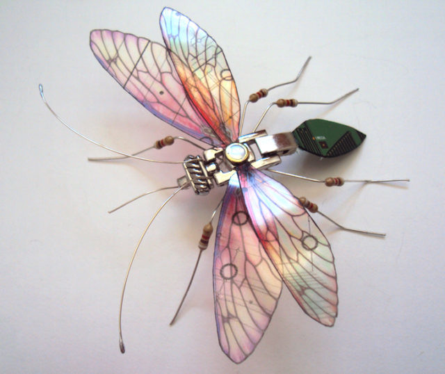 Winged insect sculpture made from recycled electronics. Author: Julie Alice Chappell