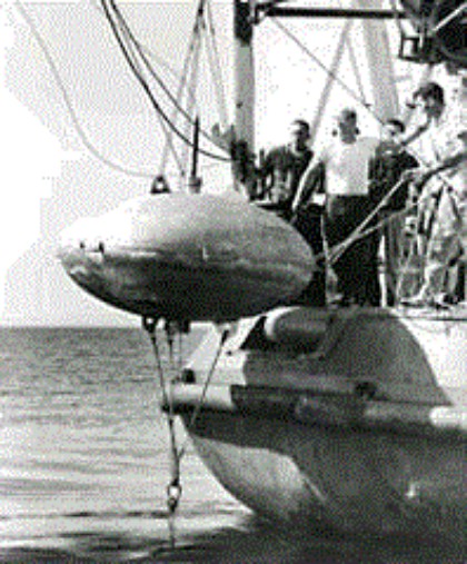 One of the six submerged buoys used for dynamic positioning in Project Mohole. They were lowered to about 200 feet into a circular pattern. The CUSS I would then use sonar to maneuver itself in the center of that circle.