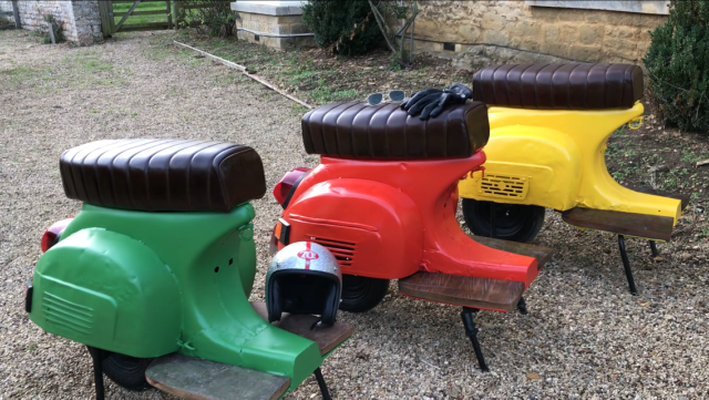Three Vespa Chairs sprayed up in bright red, green and yellow have just made their way over to a bank in Belgium for a business customer. Author: Smithers of Stamford