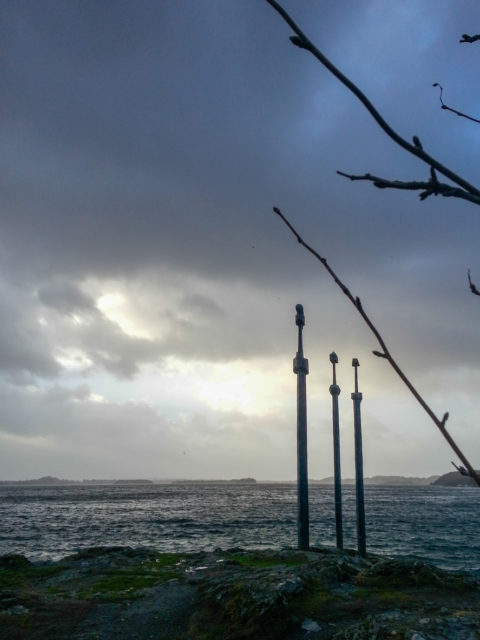 Three large swords stand on the hill as a memory to the Battle of Hafrsfjord in year 872, when King Harald Fairhair gathered all of Norway under one crown.