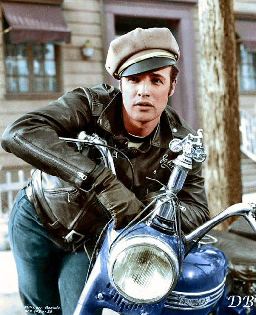 Marlon Brando with his 1950 6T Triumph Thunderbird in ‘The Wild One’ (1953)(Colour by Doug)