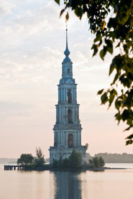 Flooded belltower in Kalyazin at sunrise