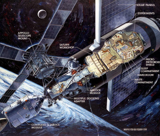 This artist’s concept is a cutaway illustration of the Skylab with the Command/Service Module being docked to the Multiple Docking Adapter.