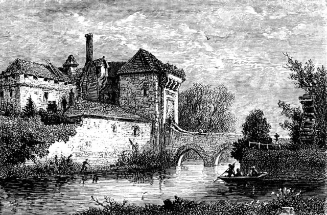 Gatehouse at Leeds Castle in Kent, England. Leeds Castle is built on two islands in a large lake and is accessed via an ancient bridge and defensive gatehouse. From “Our Own Country: Descriptive, Historical, Pictorial” published by Cassell & Co Ltd, 1885.