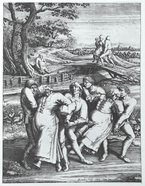 Engraving of Hendrik Hondius portrays three women affected by the plague.