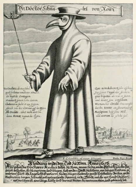An engraving of a plague doctor