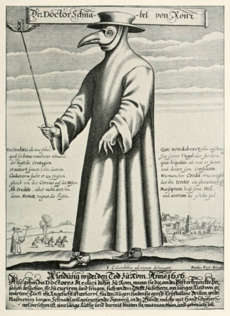 Copper engraving of Doctor Schnabel (i.e., Dr. Beak), a plague doctor in seventeenth-century Rome, circa 1656