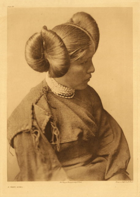 Hopi girl with “squash blossom” hairdo (Edward S. Curtis, 1922)