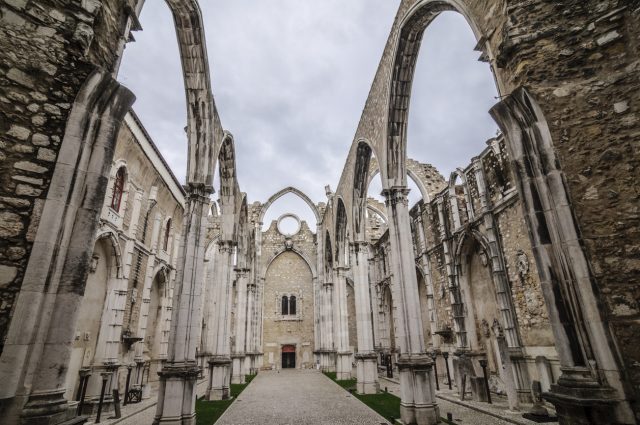 The church ruins of the Carmo Convent (Convento do Carmo) in Lisbon, Portugal. The church was damaged during an earthquake.