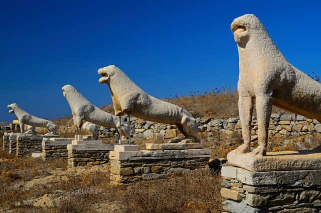 Lions of Delos The stone lions were built around 600 BC by the people of Naxos in honor of the god Apollo. The lions are faced East towards the Sacred Lake of Delos where Greek scholars of the time believed Apollo had been born’