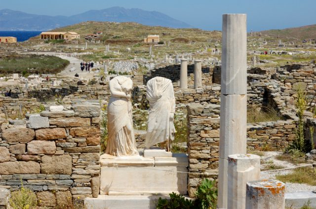 House ruins of the ancient Athenians: Cleopatra and Dioscoride. And the remains of a monument to them. The island of Delos, Cyclades, Greece. Near the island of Santorini.