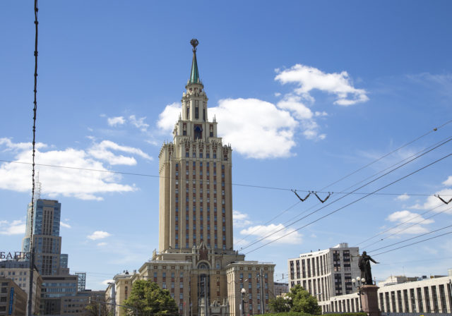 Hotel Leningradskaya Hilton on Komsomolskaya square, has been built in 1954. Moscow, Russia.