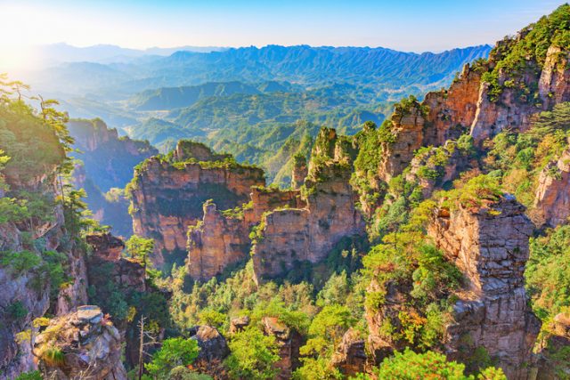 Colorful cliffs in Zhangjiajie Forest Park at sunrise