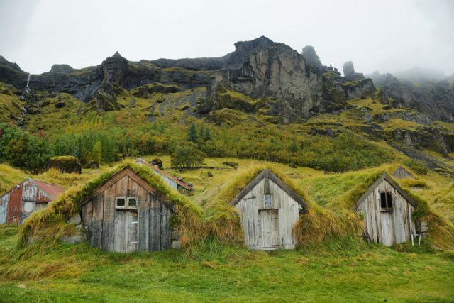 Wooden farm houses Nupstadur ancient village in south Iceland.