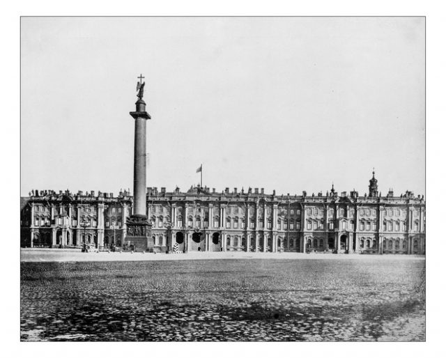 Antique photograph of Winter Palace seen from Palace Square in 19th century. The monumental building was the official residence of the Russian monarchs