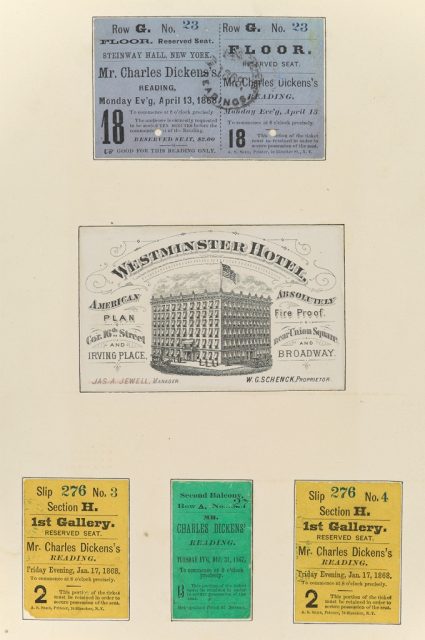 Tickets for annual readings. Dickens, who as a young man dabbled in the theater, became famous for his readings of his work. Author: Courtesy of the Morgan Library