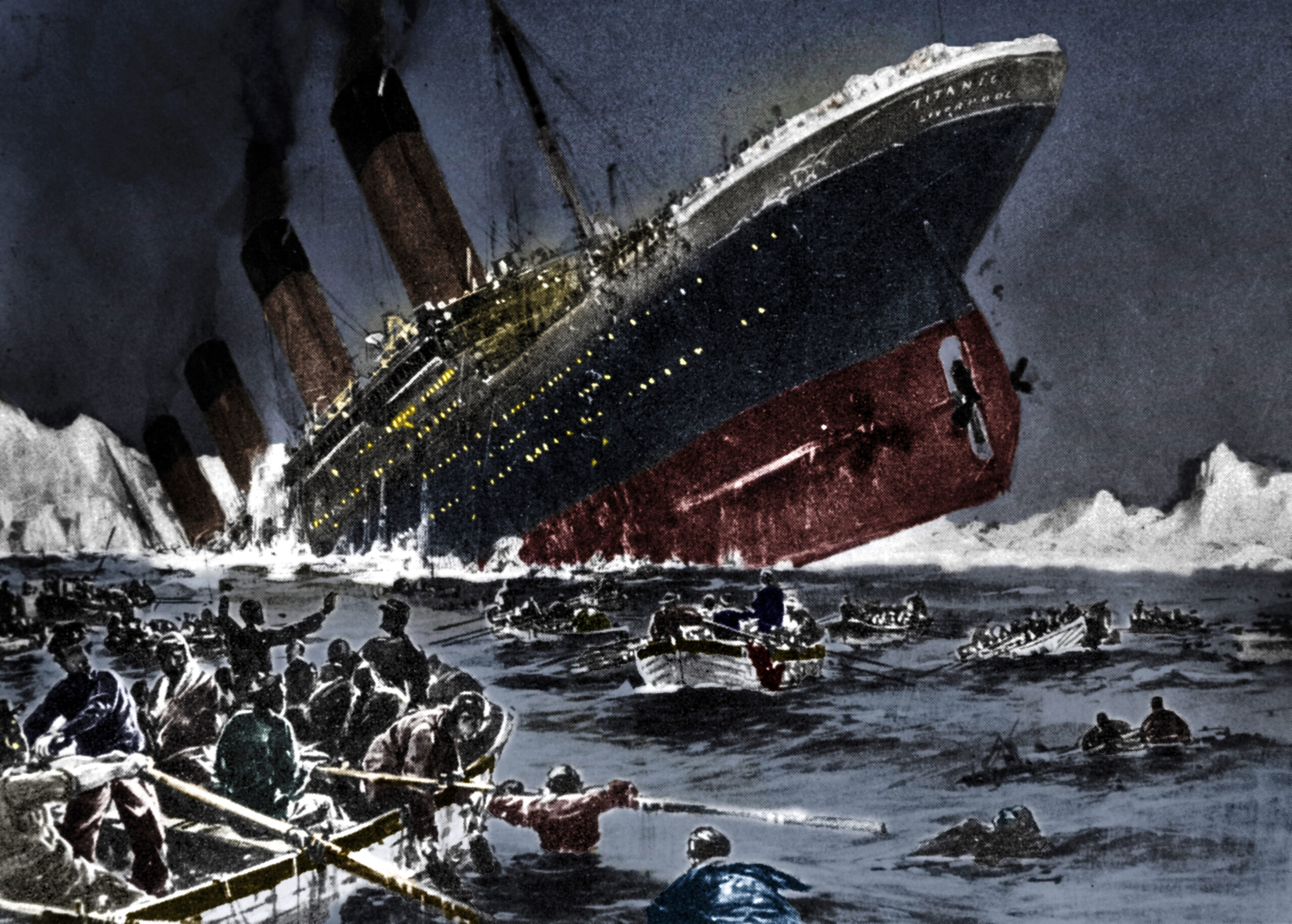 artist's depiction of lifeboats around sinking of titanic