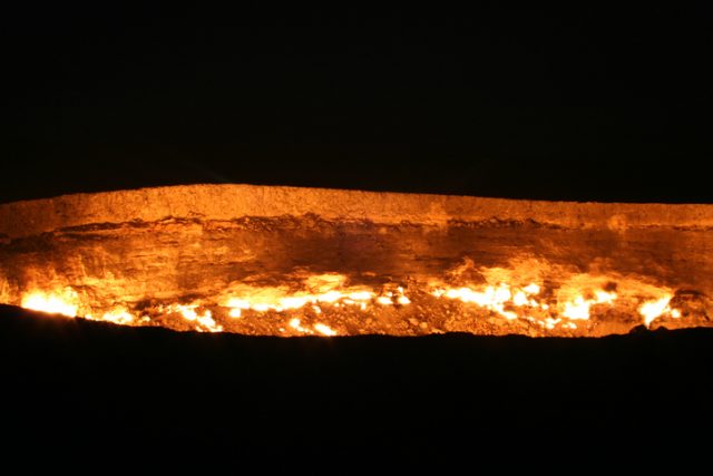 “Since many years, when the Soviets put it aflame, the burning gas crater at Darvaza, North Turkmenistan, has offered a spectacular vision at night.”