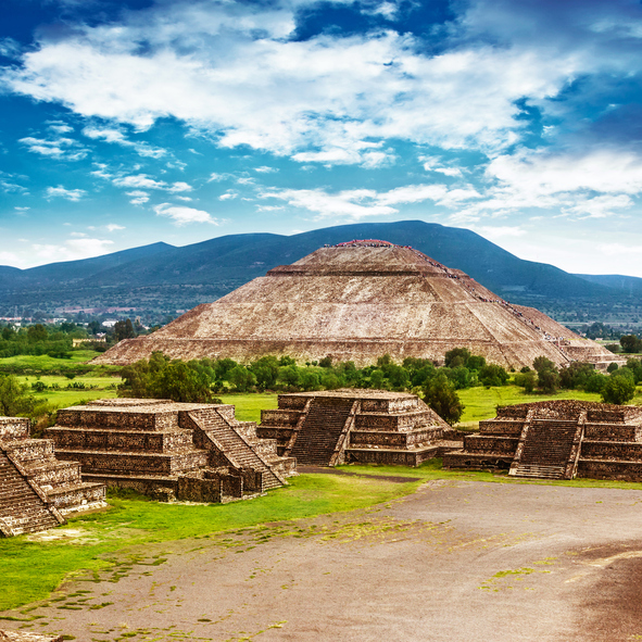 Pyramids of the Sun and Moon on the Avenue of the Dead, Teotihuacan ancient historic cultural city, old ruins of Aztec civilization, Mexico.