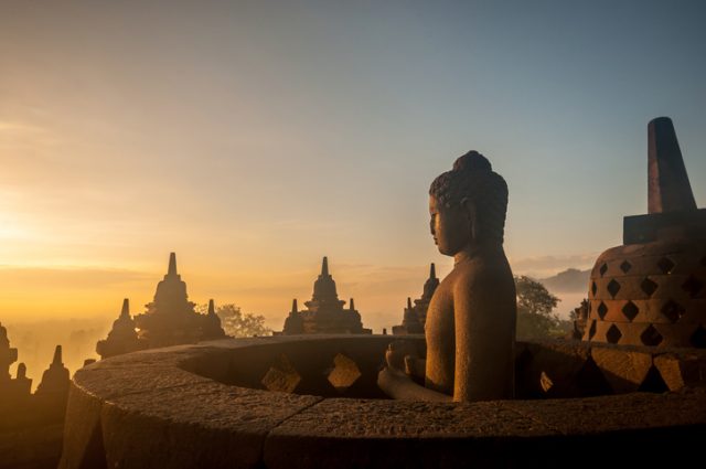 Borobudur Temple at sunrise, Yogyakarta, Java, Indonesia. (silhouette scene)