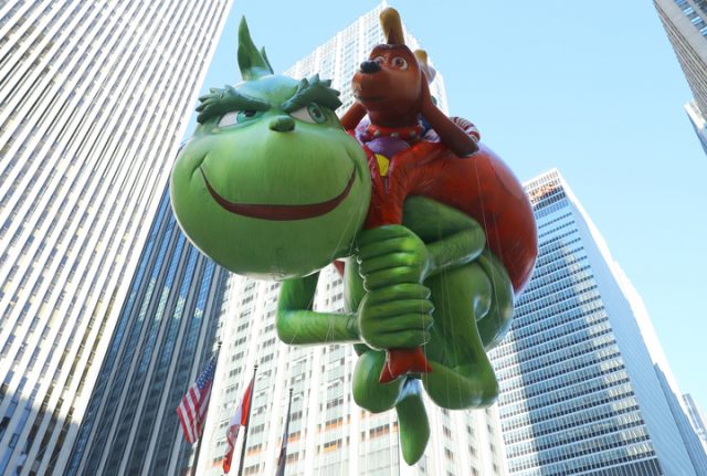 The Grinch balloon will attempt to steal some holiday cheer in his first-ever appearance in the 91st Macys Thanksgiving Day Parade in New York, Nov. 23, 2017. (Photo: Gordon Donovan)