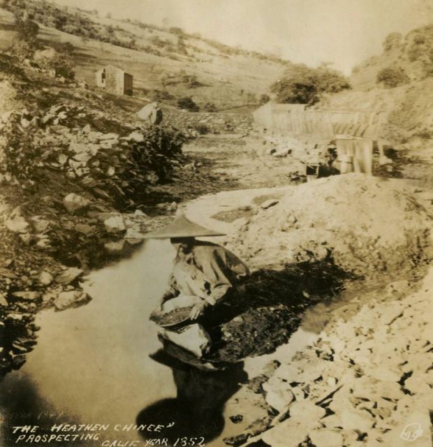 “The Heathen Chinee Prospecting” indicates early prejudice against Chinese gold miners. California, 1852.