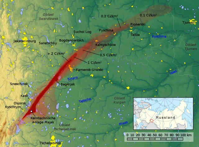 Map of the East Urals Radioactive Trace (EURT): area contaminated by the Kyshtym disaster. Author Jan Rieke, maps-for-free.com, CC BY-SA 3.0