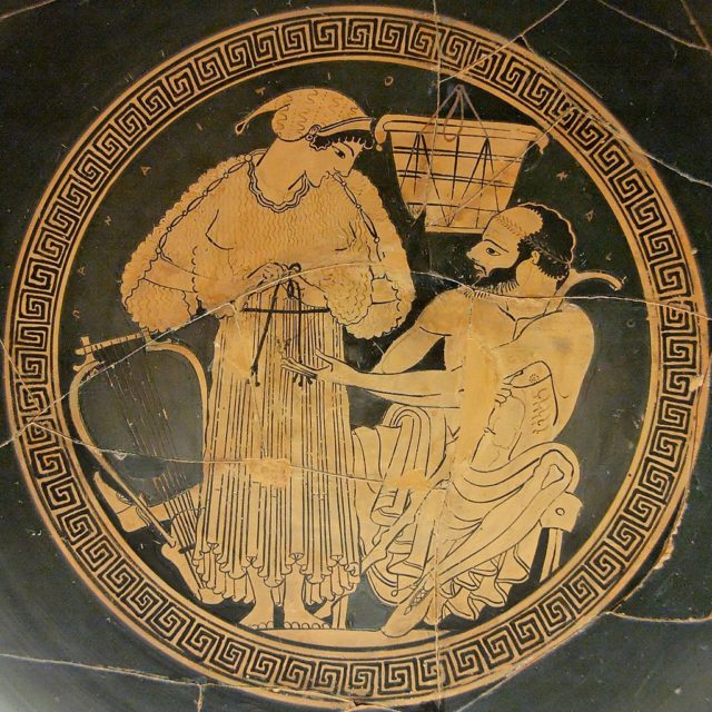 A banquet musician reties her himation (long garment) as her client watches. Tondo from an Attic red-figured cup, c. 490 BC, British Museum.